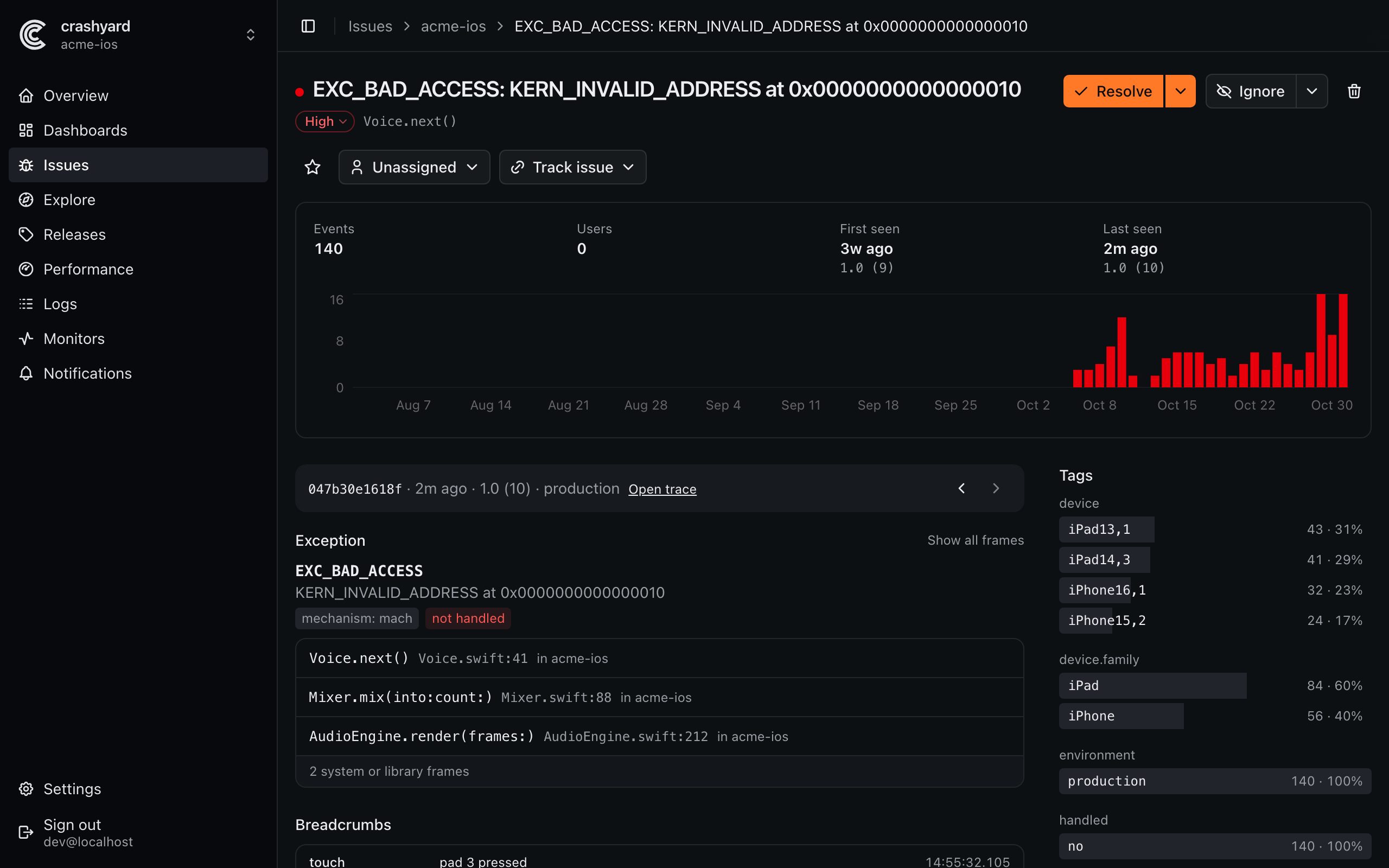 An iOS crash in crashyard: EXC_BAD_ACCESS in acme-ios 1.0 (10), with its stack trace read back to Voice.swift line 41, its events over time and its tags