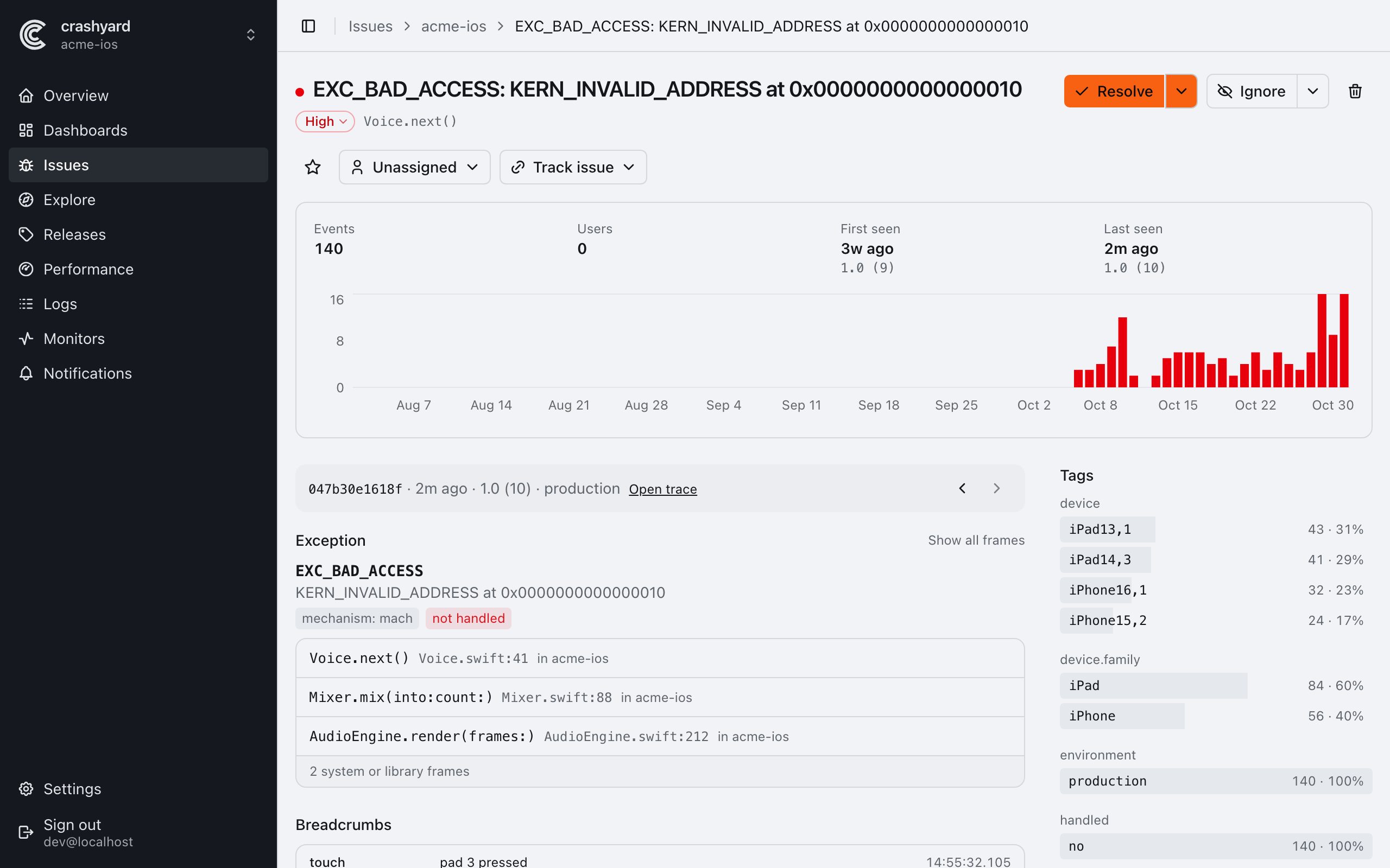An iOS crash in crashyard: EXC_BAD_ACCESS in acme-ios 1.0 (10), with its stack trace read back to Voice.swift line 41, its events over time and its tags