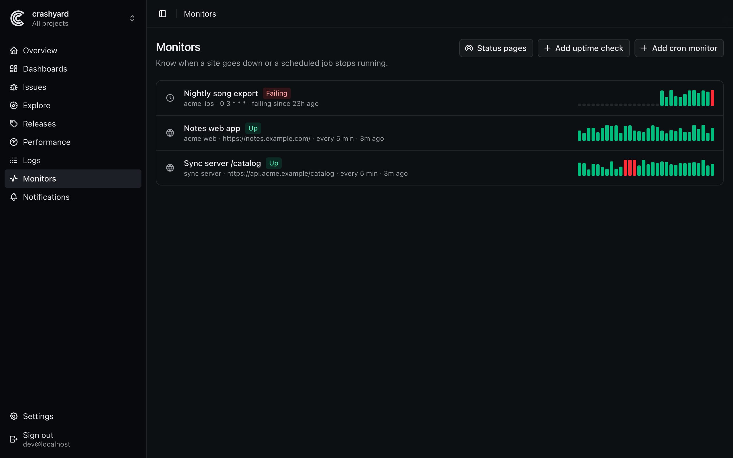 Monitors: a failing nightly export and two uptime checks that are up