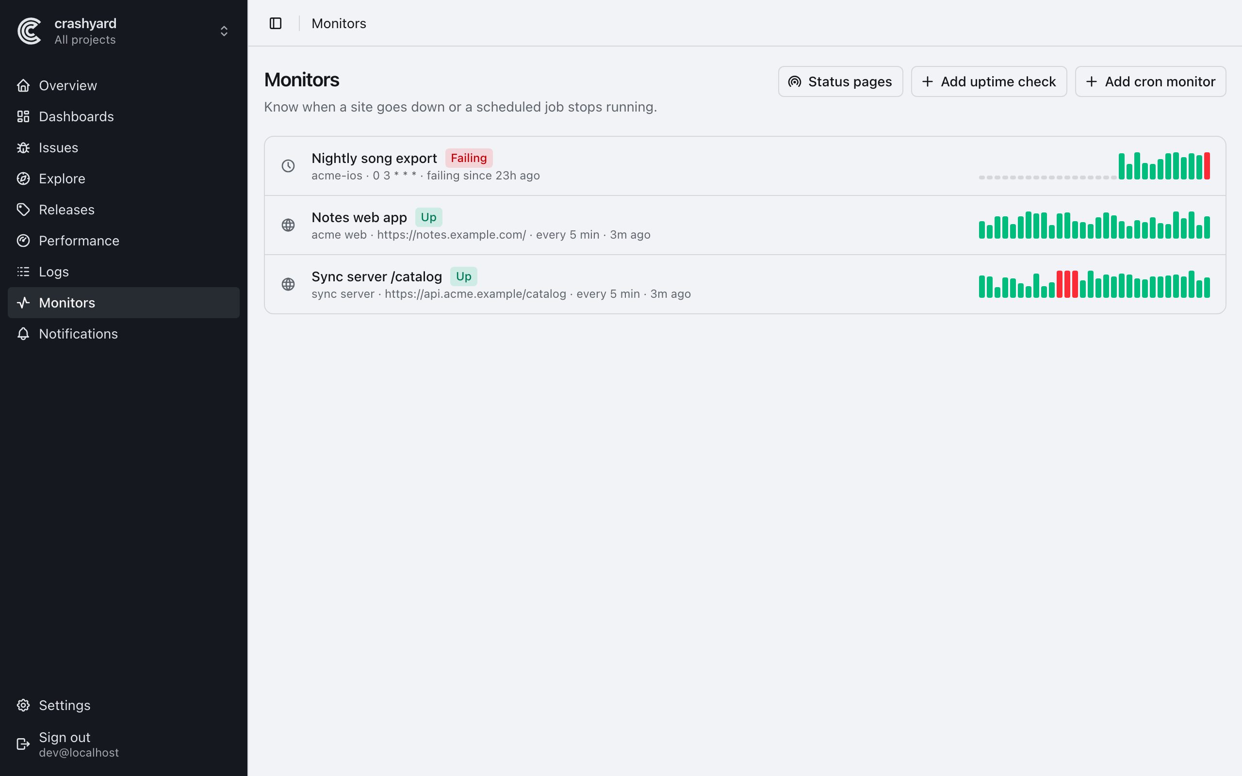 Monitors: a failing nightly export and two uptime checks that are up
