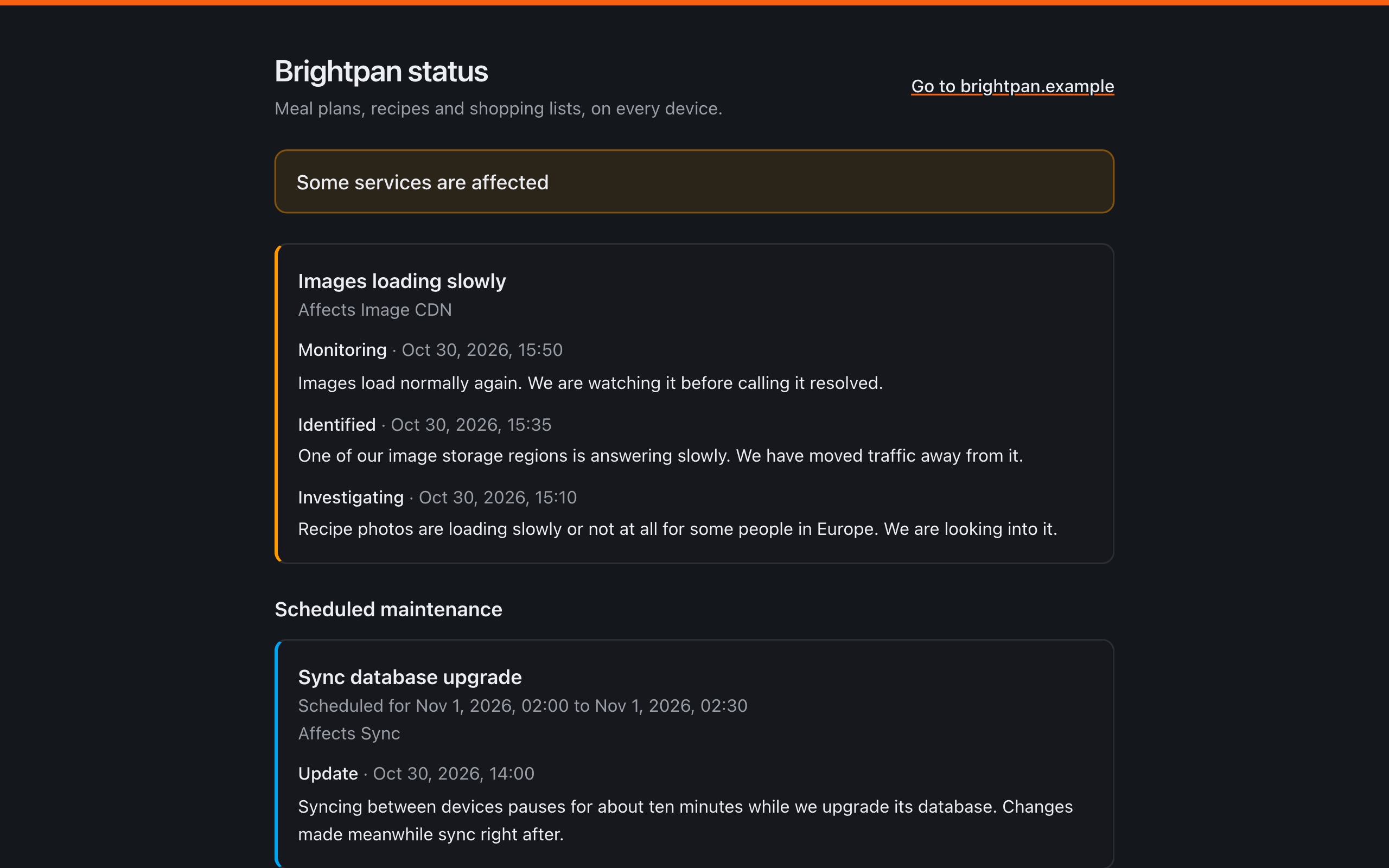 Brightpan's public status page: an incident on its image CDN, a scheduled maintenance and each service's last 30 days