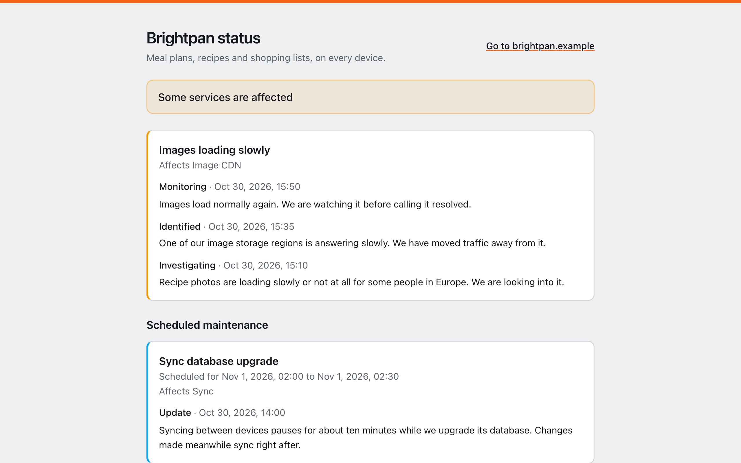 Brightpan's public status page: an incident on its image CDN, a scheduled maintenance and each service's last 30 days